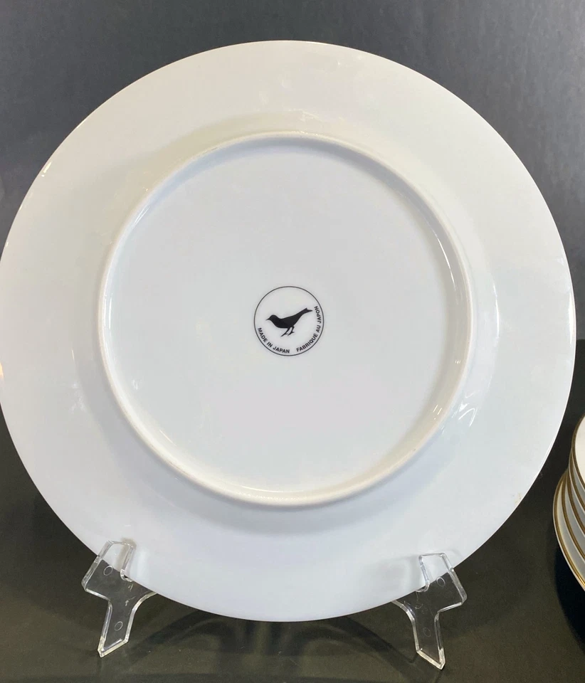 Juego de 6 platos de cena Anthropologie Peacock blanco y negro, borde dorado 10", Foto 3 de 4