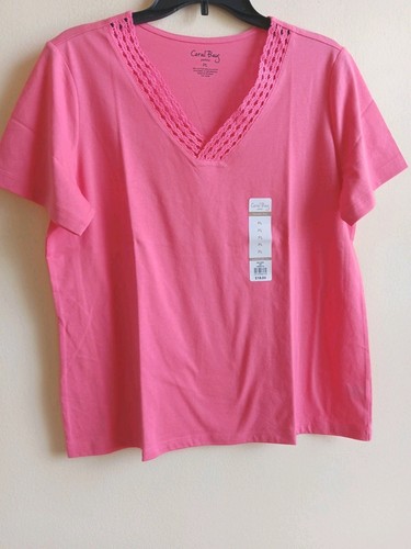 Coral Bay Womens T Shirt Top Size Large Petite Pink Crochet V Neck NWT $6 - Picture 1 of 3