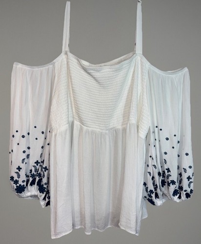 Torrid 5 Gauze Embroidered Smocked Cold Shoulder Top Plus Size 5X 28 White Blue - Picture 2 of 10