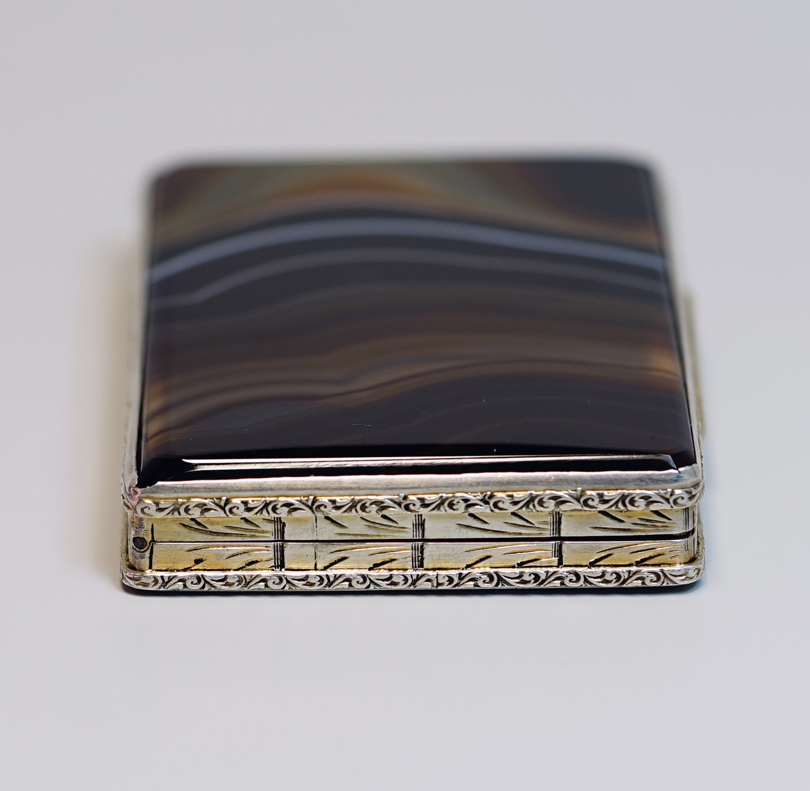19c.Russian 84 Silver Banded Agate K.Faberge Business Card Box Case Foliate Back