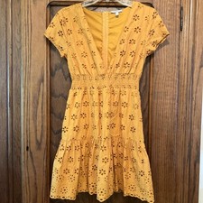 Charlotte Russe Dress XS Mustard Gold Eyelet Embroidery V-Neck Cottagecore Boho