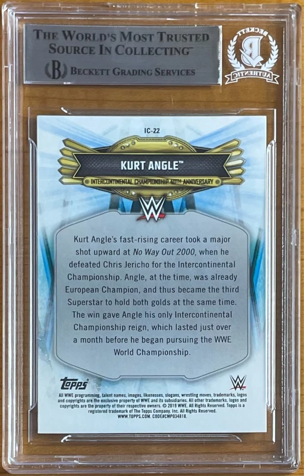 KURT ANGLE SIGNED 2019 TOPPS WWE INTERCONTINENTAL CHAMPIONSHIP BAS BGS AUTOGRAPH - Image 2 of 2