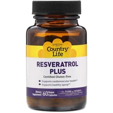 Country Life Resveratrol Plus 60 Vegan Caps Gluten-Free, GMP EXP 11/2025