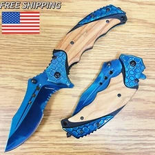 8.5" Blue Scales Tactical Wood Spring Assisted Open Blade Folding Pocket Knife