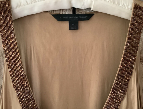 Vintage EXPRESS Deep Scoop Stretch Silk Tunic Bronze Copper Beaded Neckline M - Picture 16 of 21