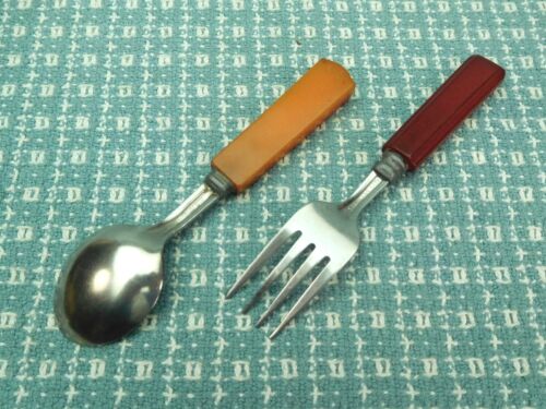 Vtg 2 Different Youth Flatware Fork & Spoon Bakelite Handles w/ Stainless Steel - Picture 2 of 4