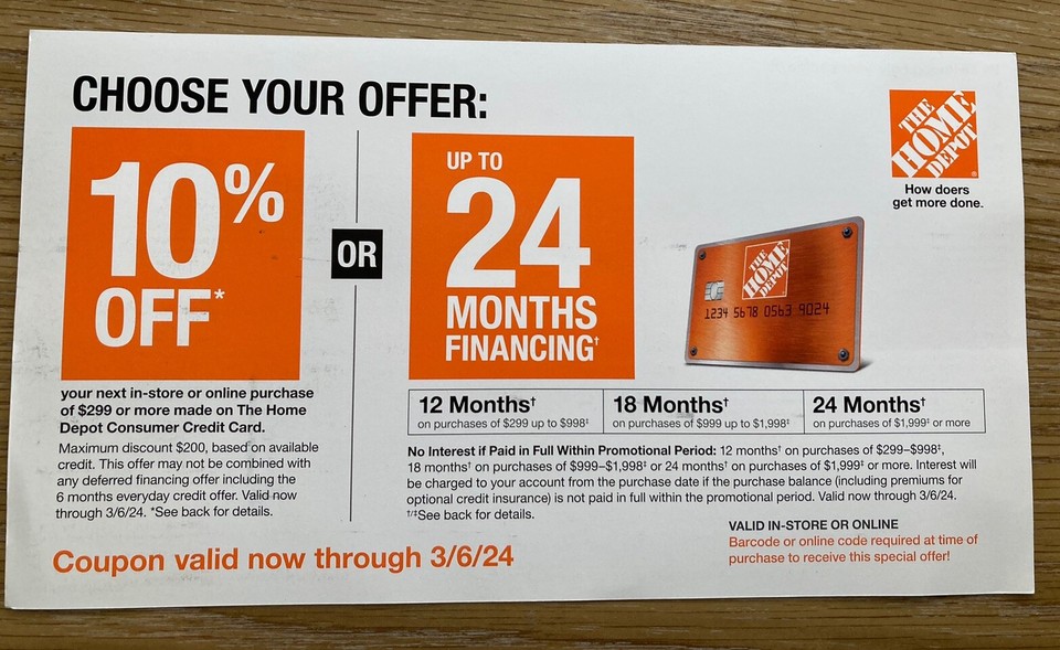 Home Depot Coupon 10 Off or Financing w/HD Card.. Save Up To 200! Exp 3/6/24! eBay