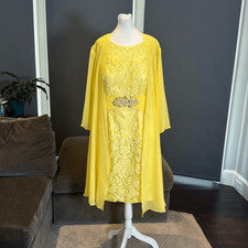 Women’s Plus Size Tea Length Formal Yellow Dress Matching Chiffon Jacket Size XL