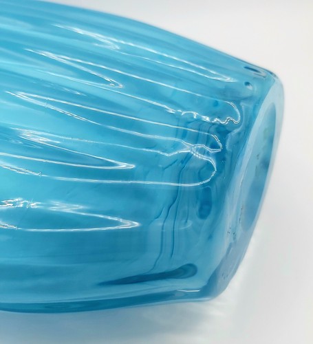 Large Sky Blue Cased White Art Glass Vase Ribbed Body Stretched Flared Neck - Picture 6 of 12