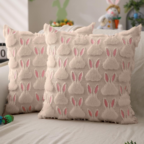 Easter Pillow Covers 18X18 Inch Set of 2 Easter Decorations Pink Ears Beige Rabb
