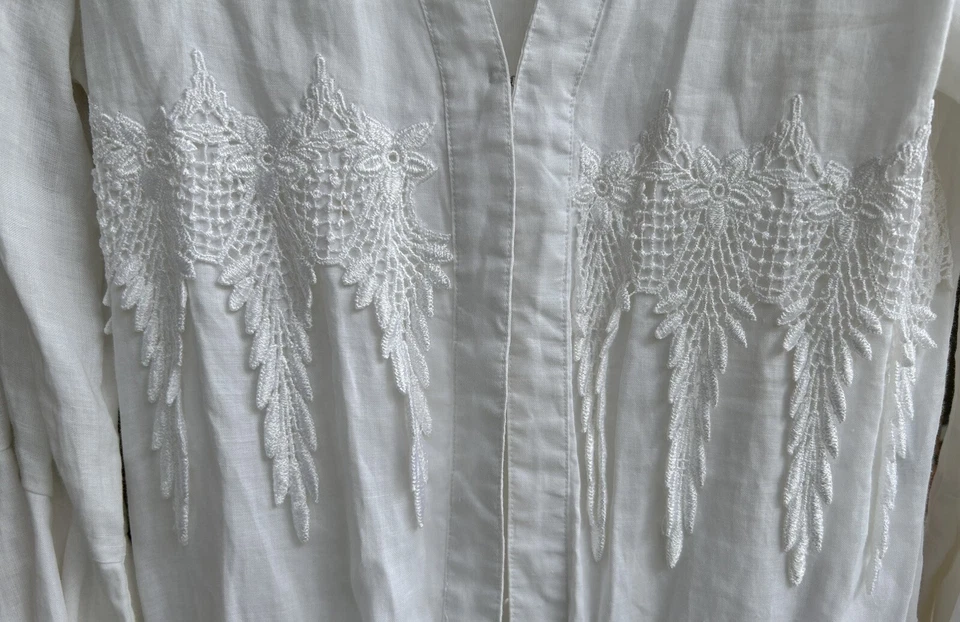 Conjunto de chaqueta falda de dos piezas de lino y encaje Battenburg vintage para mujer blanca talla 12 Foto 4 de 4