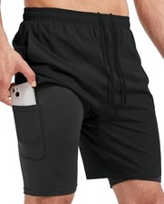 Men's 2-in-1 Athletic Running Shorts 7" Dry Fit Workout Gym Large, Black