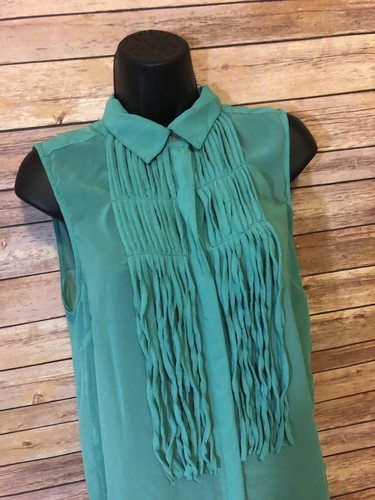 Angie Sleeveless Fringe Shirt Size Large Womens Green Western Button Down New - Picture 6 of 10