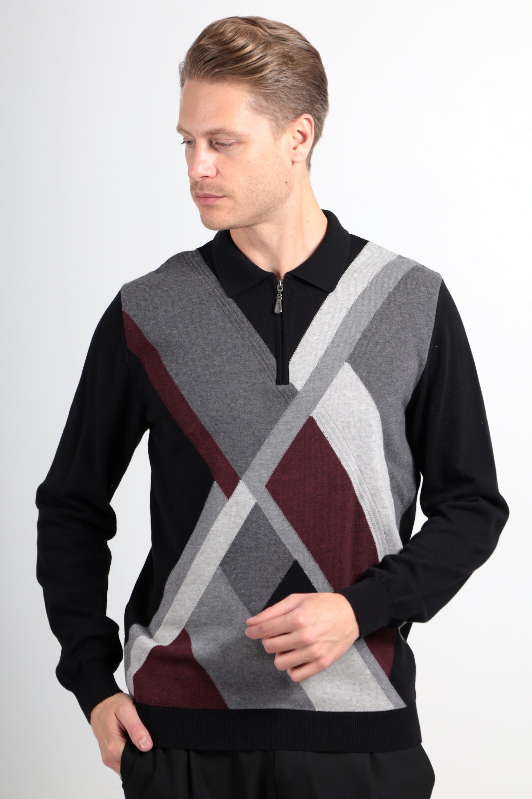 Jack Martin Black Argyle Knit Polo Shirt for Men