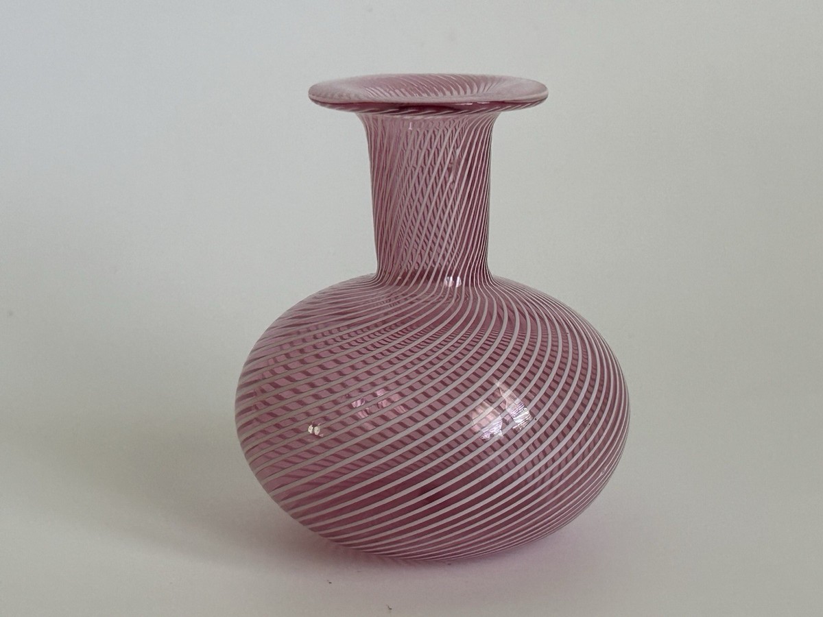 Murano Filigrana Art Glass Vase Pink Latticino Mezza Filigrana