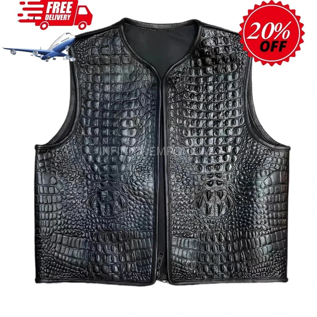 Mens Motorcycle Motorbike Black Crocodile Embossed Real Leather Biker Club Vest