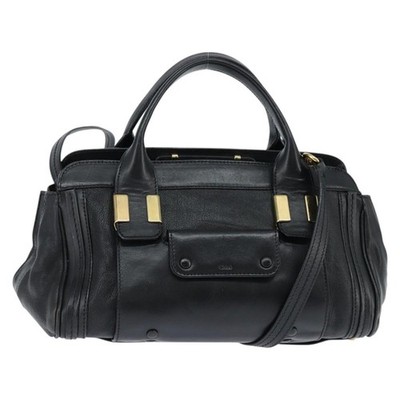 Chloe Alice Hand Bag Leather 2way Black Gold Auth BA7070