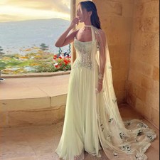 Evening Dresses with Cape Strapless A Line Formal Gown Bead Chiffon Dress