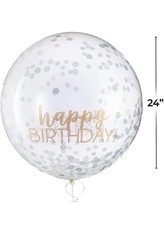 24-inch Jumbo Latex "Happy Birthday " Silver Confetti Balloon