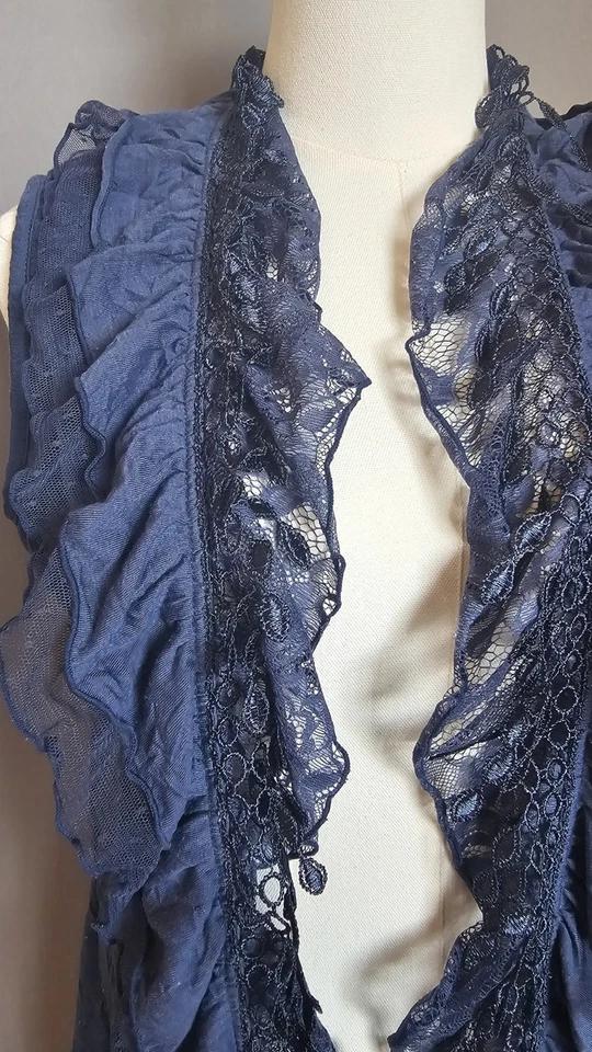 Chaleco Tribal Sin Mangas Azul Frente Abierto Encaje Volantes Romántico Boho Hada Talla S Foto 2 de 4