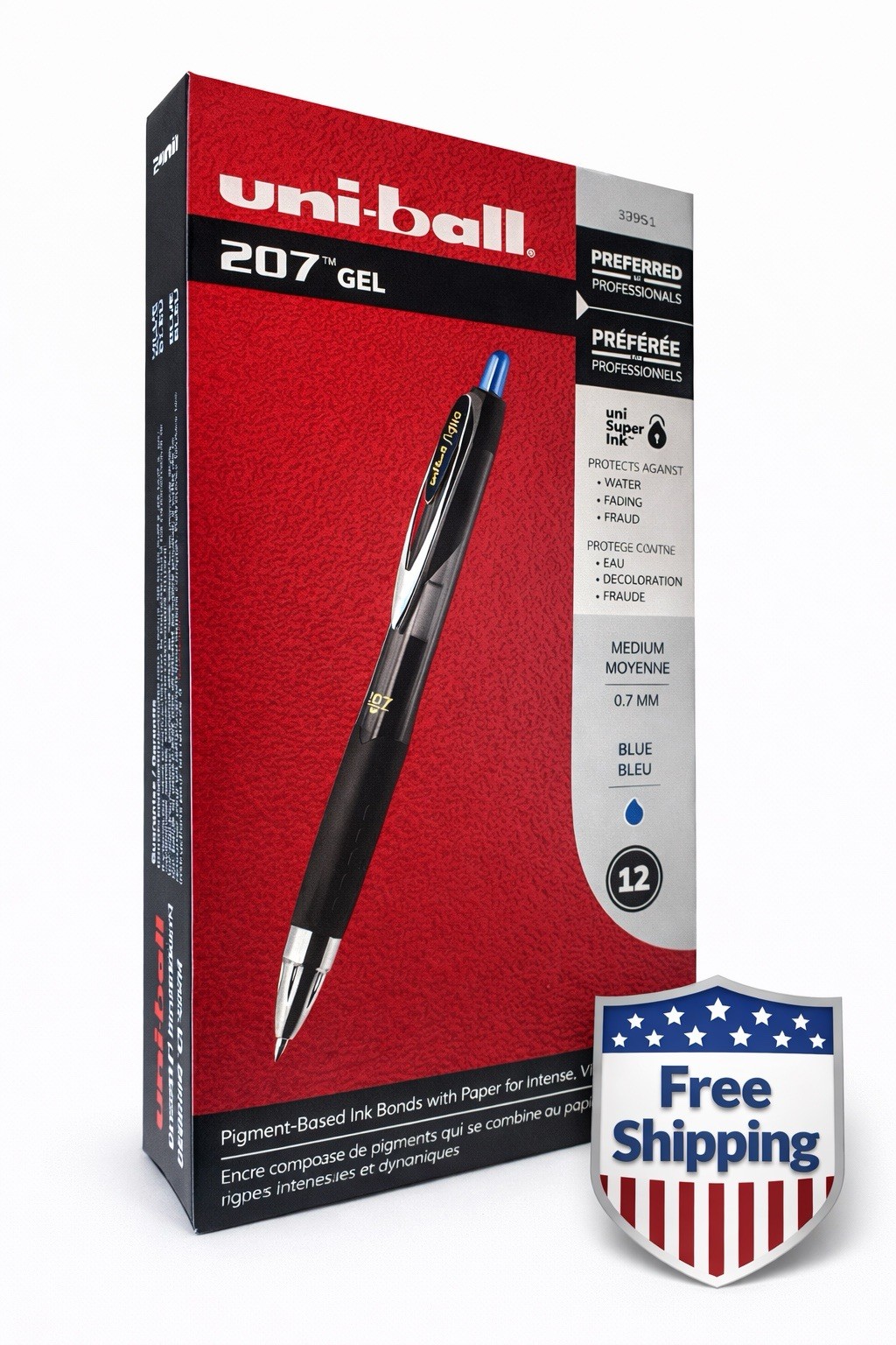 Uni-ball 207 Gel Pens Blue Ink 0.7mm Medium Point Retractable 12 Pack (33951)