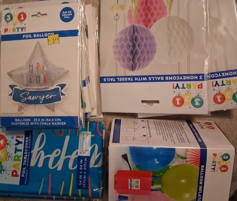 321 Party! Birthday Party Supplies Bundle. Balloons Tablecloth Inflator And More