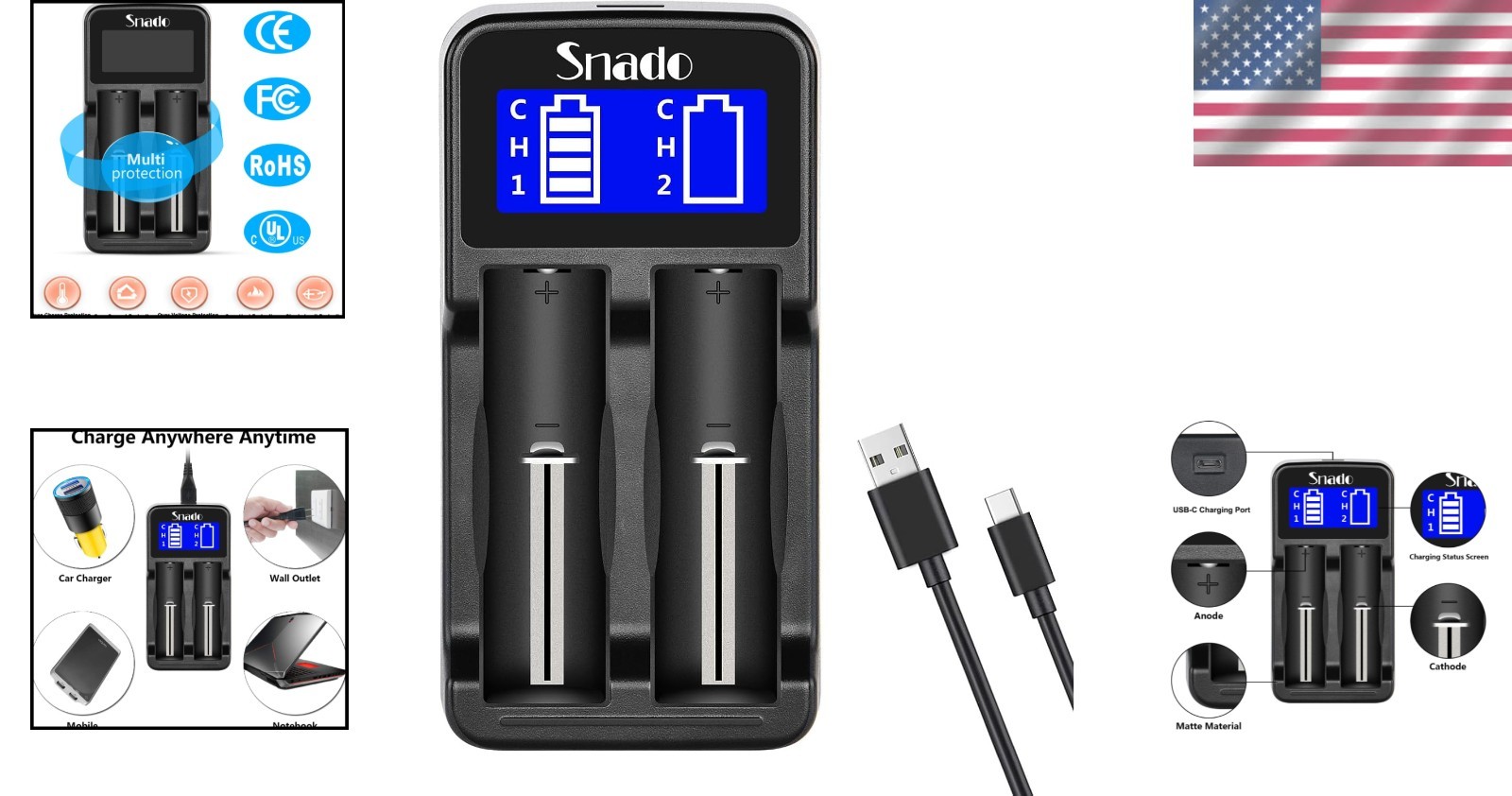 Universal Smart Charger with LCD Display & USB-C Fast Charging for Li-ion & NiMH