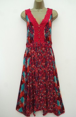 MANTARAY PINK TEAL LEAF PRINT HANKY HEM MIDI SUN DRESS SIZE 12 RRP £45 TEA