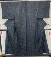 Japanese Vintage Kimono Silk Blue Oshima Tumugi Traditional Length 59 in