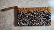 Vintage 60s Beaded Wristlet Clutch Purse White Gold Turquoise Beads Zip Close