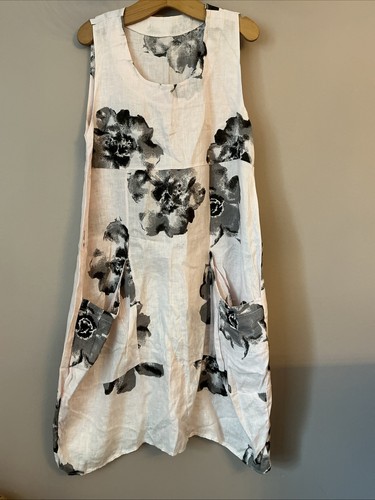 Hecho en Italia Precioso Vestido Midi Rosa Estampado Lagenlook Lino - Talla Única