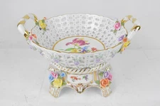 KPM Reticulated Porcelain Basket Bowl Stand Weave Design Multicolored Floral