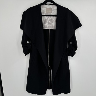 Soia & Kyo Coat Womens XXS Black Drape Front Waterfall Trench Roll Tab Pockets
