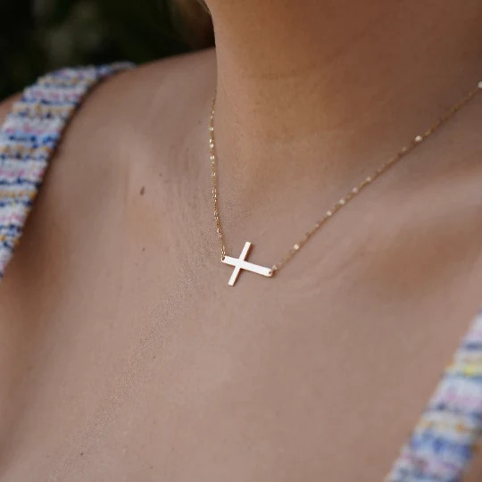 14K Gold Sideways Cross Necklace Real Gold Fine Jewelry Gift | eBay