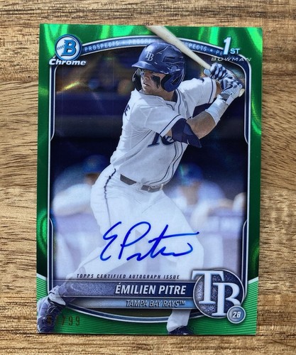 2025 Bowman Baseball Emilien Pitre Tampa Bay Rays Green Lava Chrome 1st Auto /99