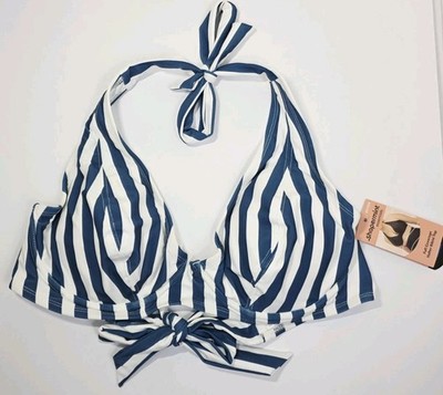 Shapermint Blue/White Striped Full Coverage Halter Bikini Swimsuit Top XL NWT