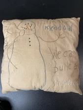 Primitive  Snowman Throw Pillow Hand Stitched In A Meadow We Can Build A Snowman