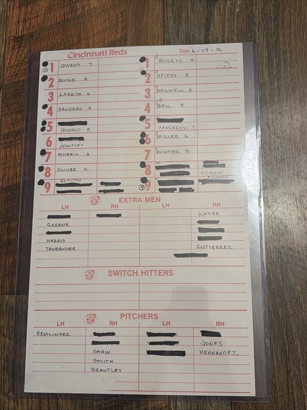 Cincinnati Reds DUGOUT LINE UP CARD Larkin Oliver Sanders Boone Taubensee Box1-8