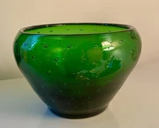 Emerald Green Glass Controlled Bubbles Design Vessel Blenko Style