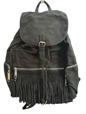Victoria Secret PINK Black Fringe Textile Full Size Backpack Boho NWT