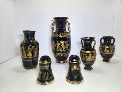 Fakiolas Greece Hand Made In Greece Black & 24K Gold Vase-shakers-urn Set Of 6