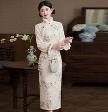 Ethnic Winter Womens Warm Faux Fur Long Sleeve Floral Qipao Slim Cheongsam Dress