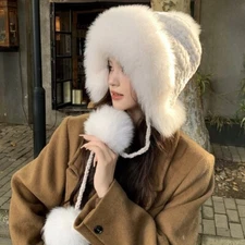 Women Winter Fluffy Knitted Fur Trapper Hat Warm Thicken Pompom Snow Cap Winter 