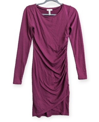 Leith Body Con Dress Purple Scoop Neck Ruched Long Sleeve Size Women's XS |  eBay