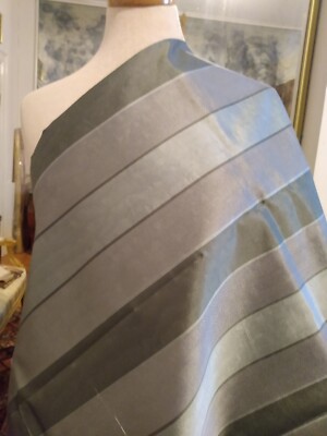 BP43 CELADON PEWTER GREEN TEXTURED 2in STRIPE 2ydx54'' SILK FABRIC DRESS DECOR