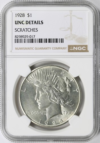 1928 $1 Peace Dollar NGC Unc Details Scratches