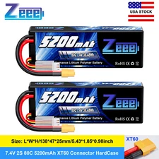 2x Zeee 2S 5200mAh Lipo Battery 7.4V 80C XT60 Hardcase for RC Car Buggy Truggy 