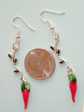 RED CHILI PEPPER EARRINGS SILVER IVY BRANCH LAMPWORK GLASS SILVER EAR WIRES NEW!