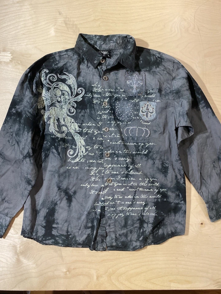 Camisa de vestir con botones Hama Y2K negra tie dye adornada estampado cursivo 2XL (JH) Foto 3 de 4