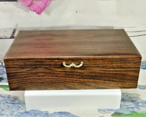 Vintage MCM Mele Jewelry Box Brown with Gold Trim Two Tier Storage Red Felt